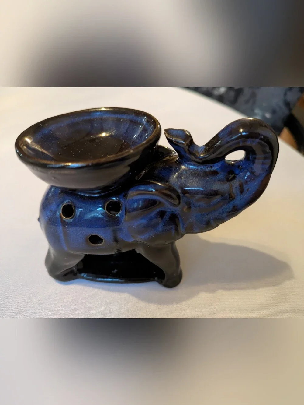 Ceramic Elephant Votive Oil Warmer in Blue And Black.